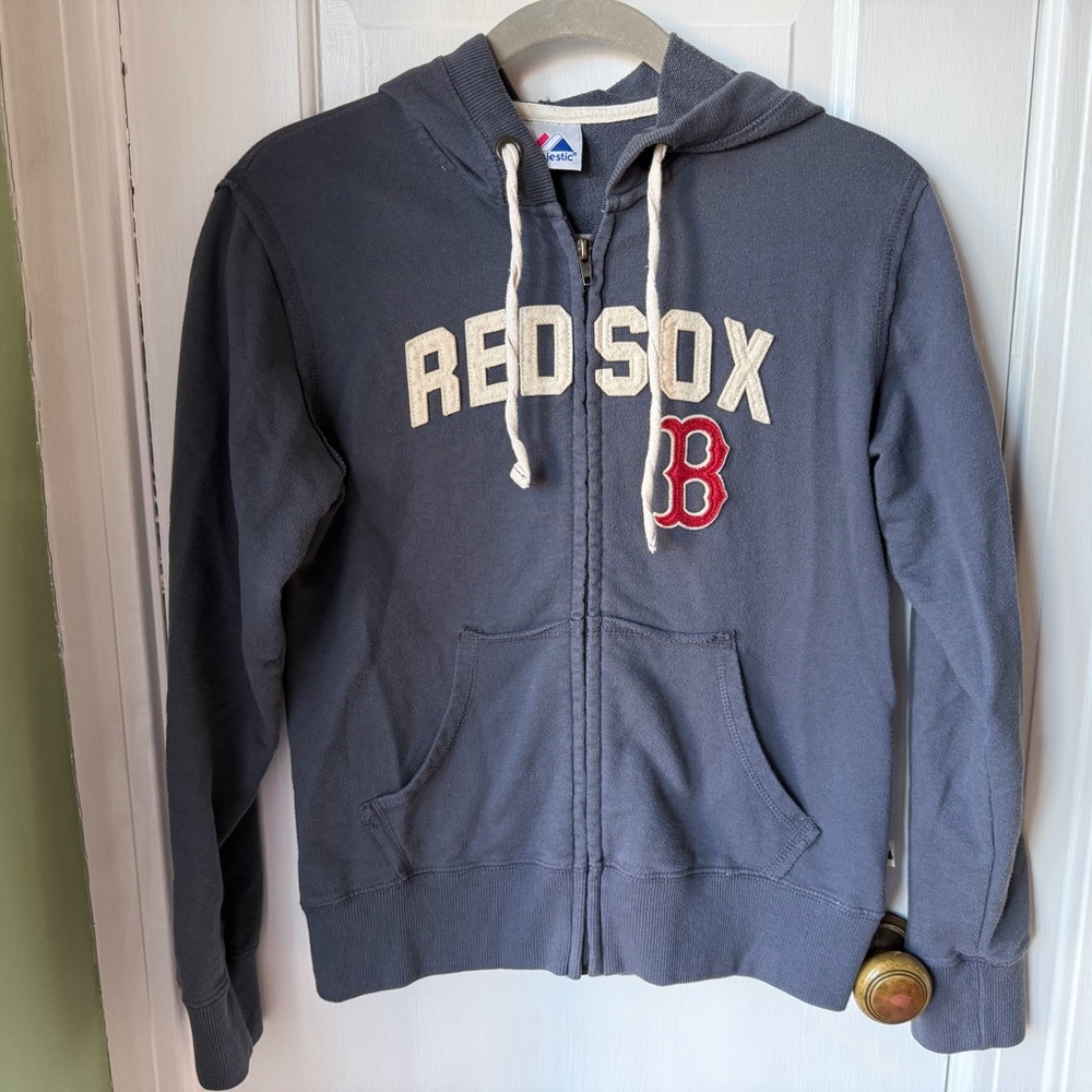Vintage Red Sox Navy Distressed Zip-Up Hoodie with Banner Logo Size Small